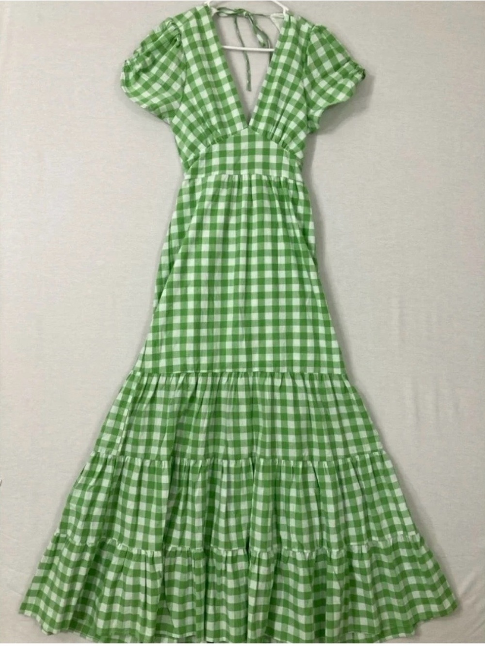 New York & Company Green Gingham V‑Neck Tiered Maxi Dress